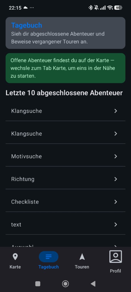 Tagebuch-Ansicht mit Liste der letzten abgeschlossenen Abenteuer wie Klangsuche, Motivsuche und Checkliste.