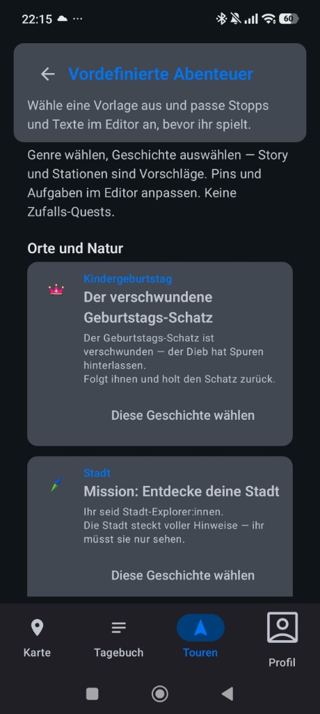 Liste vordefinierter Abenteuer mit Kategorien wie Kindergeburtstag und Stadt, jeweils mit Button „Diese Geschichte wählen“.